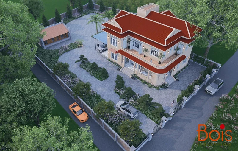 Góc nhìn từ trên cao cho thấy cách các khối mái, nhà và khoảng sân được tổ chức trong phương án.