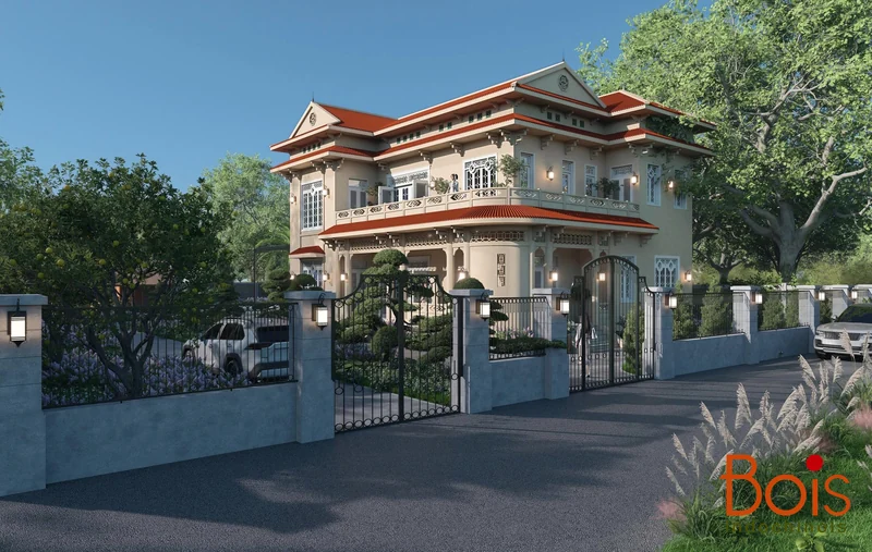 Góc nhìn từ cổng vào phương án kiến trúc và sân vườn.