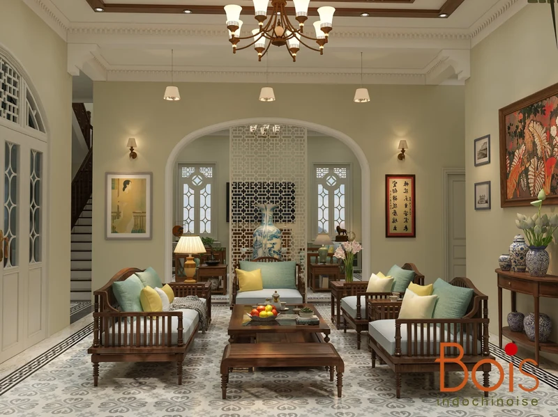 Phối cảnh phòng khách biệt thự Ba Vì do Bois thiết kế