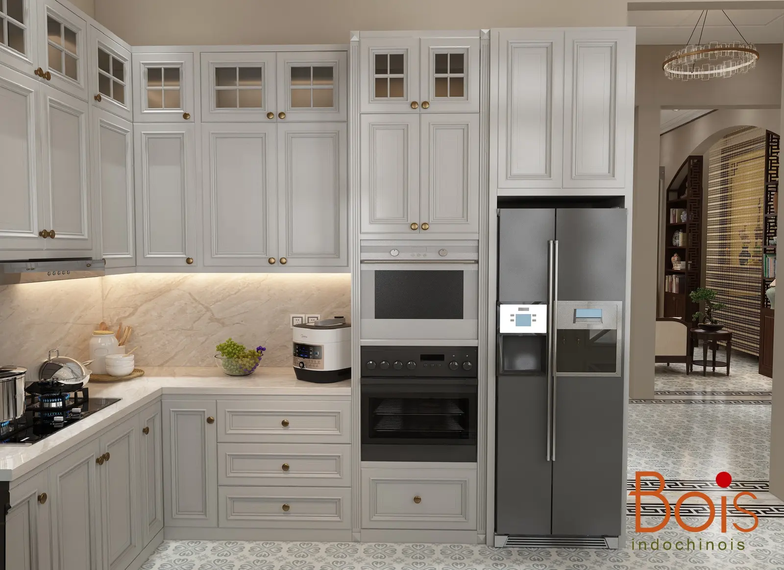 Phối cảnh thiết kế — Hệ tủ bếp sáng màu và các thiết bị được bố trí trong cùng một mặt tủ.