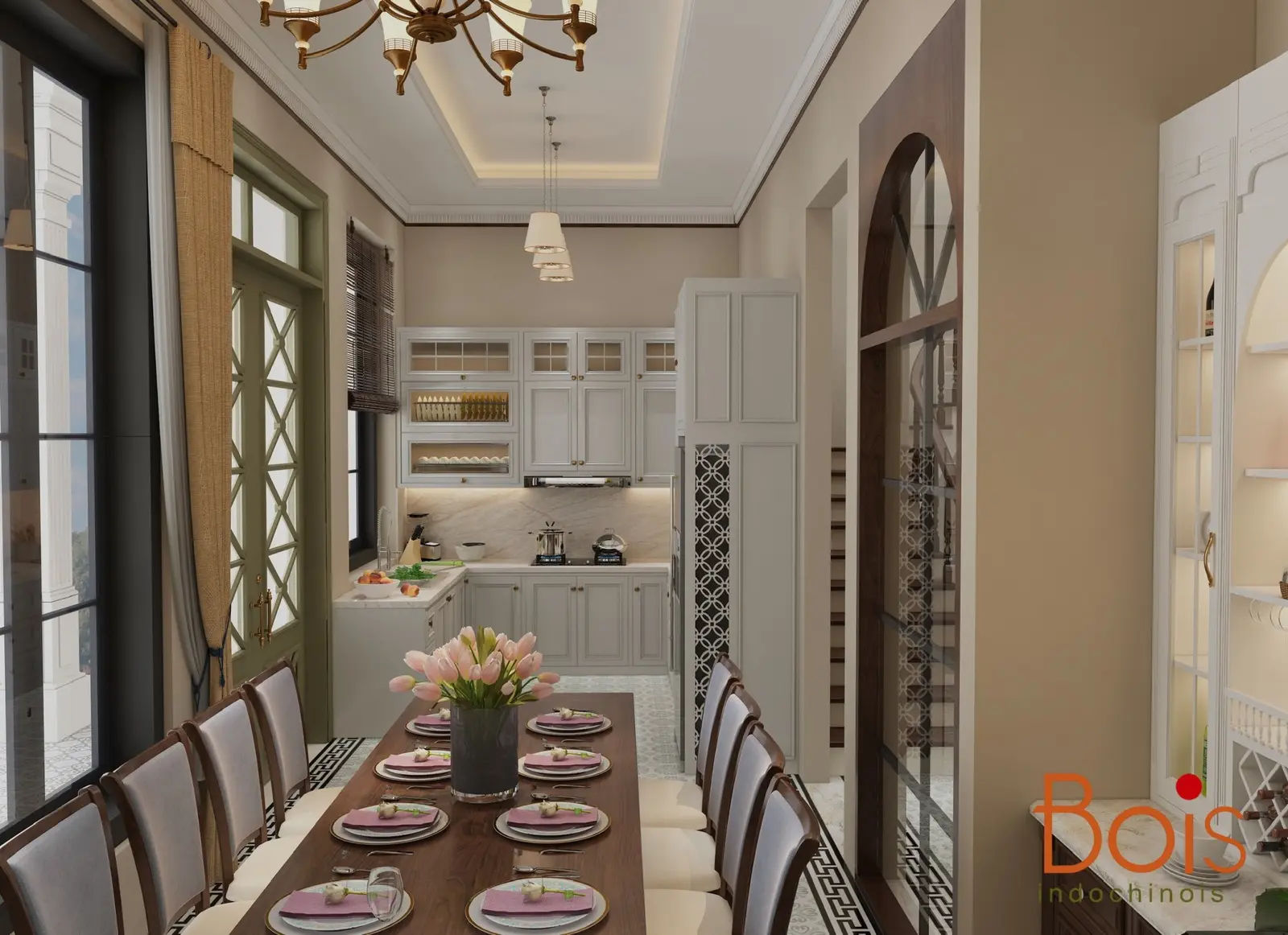 Phối cảnh thiết kế — Góc nhìn dọc bàn ăn về phía khu bếp.