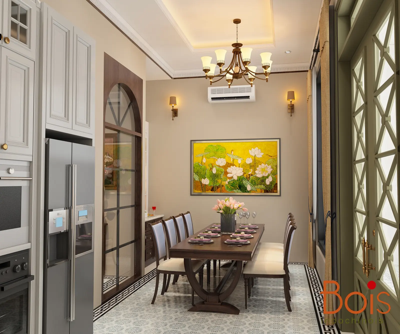 Phối cảnh thiết kế — Bàn ăn nhìn từ khu bếp, kết nối với các khoảng mở của tầng 1.