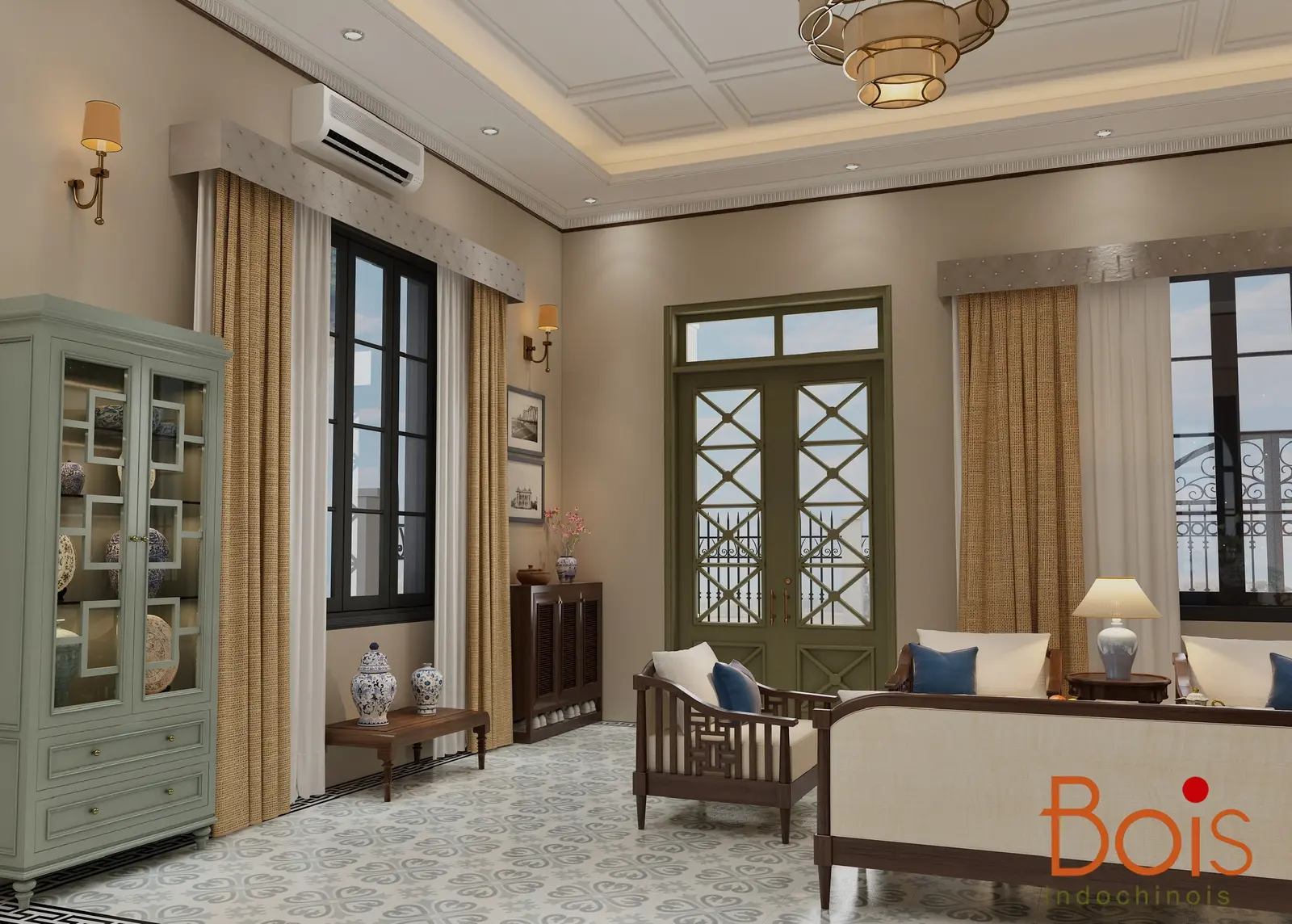 Phối cảnh thiết kế — Góc nhìn khác về phòng khách, hệ tủ và cửa đi.