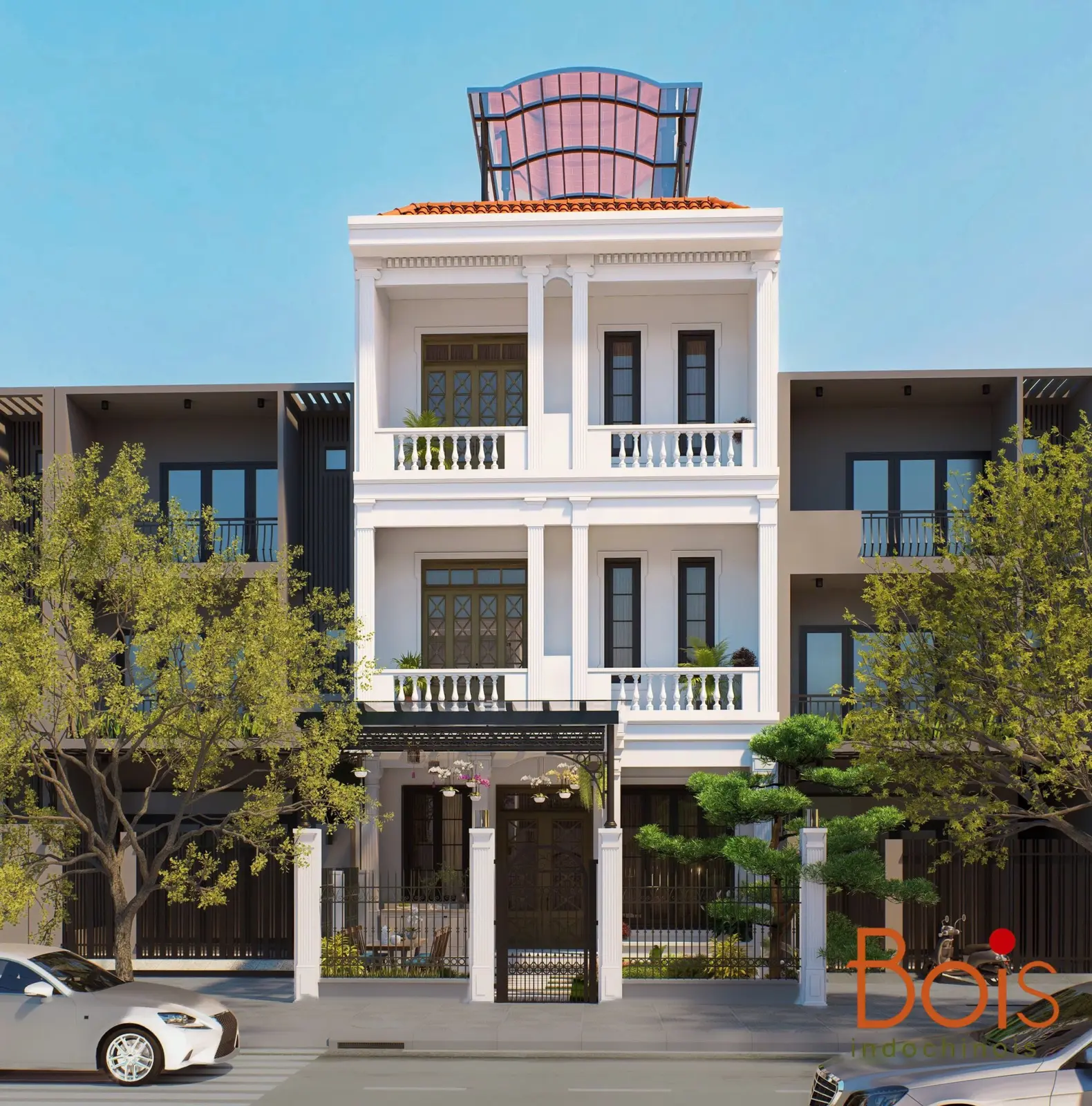 Phối cảnh thiết kế — Mặt phía sau nhà, nơi bố trí khoảng sân vườn với cây xanh, giàn che và chỗ ngồi.