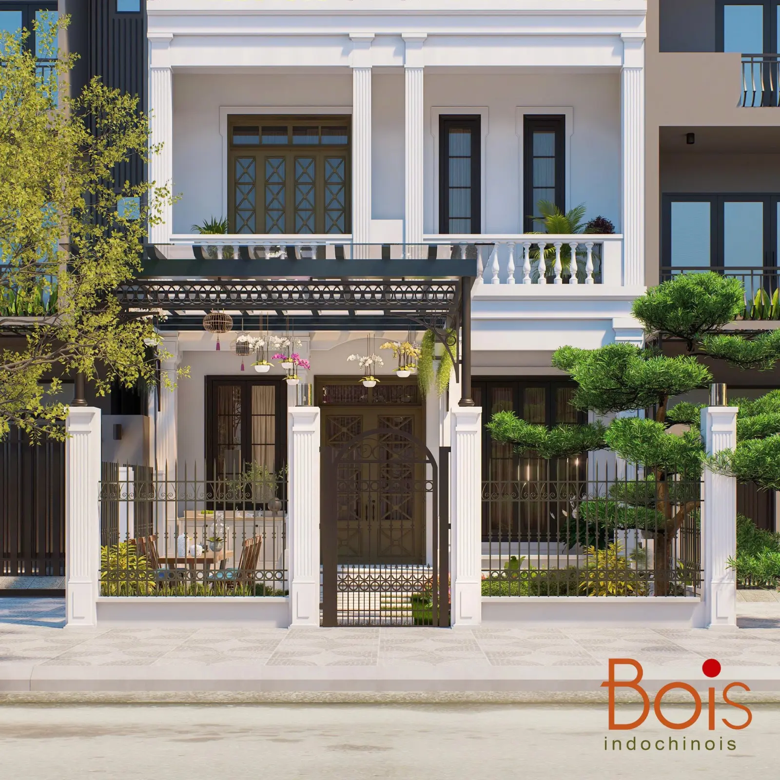 Phối cảnh thiết kế — Chi tiết mặt sau ở tầng trệt: cổng sân, lớp giàn và khoảng cửa nhìn ra vườn.