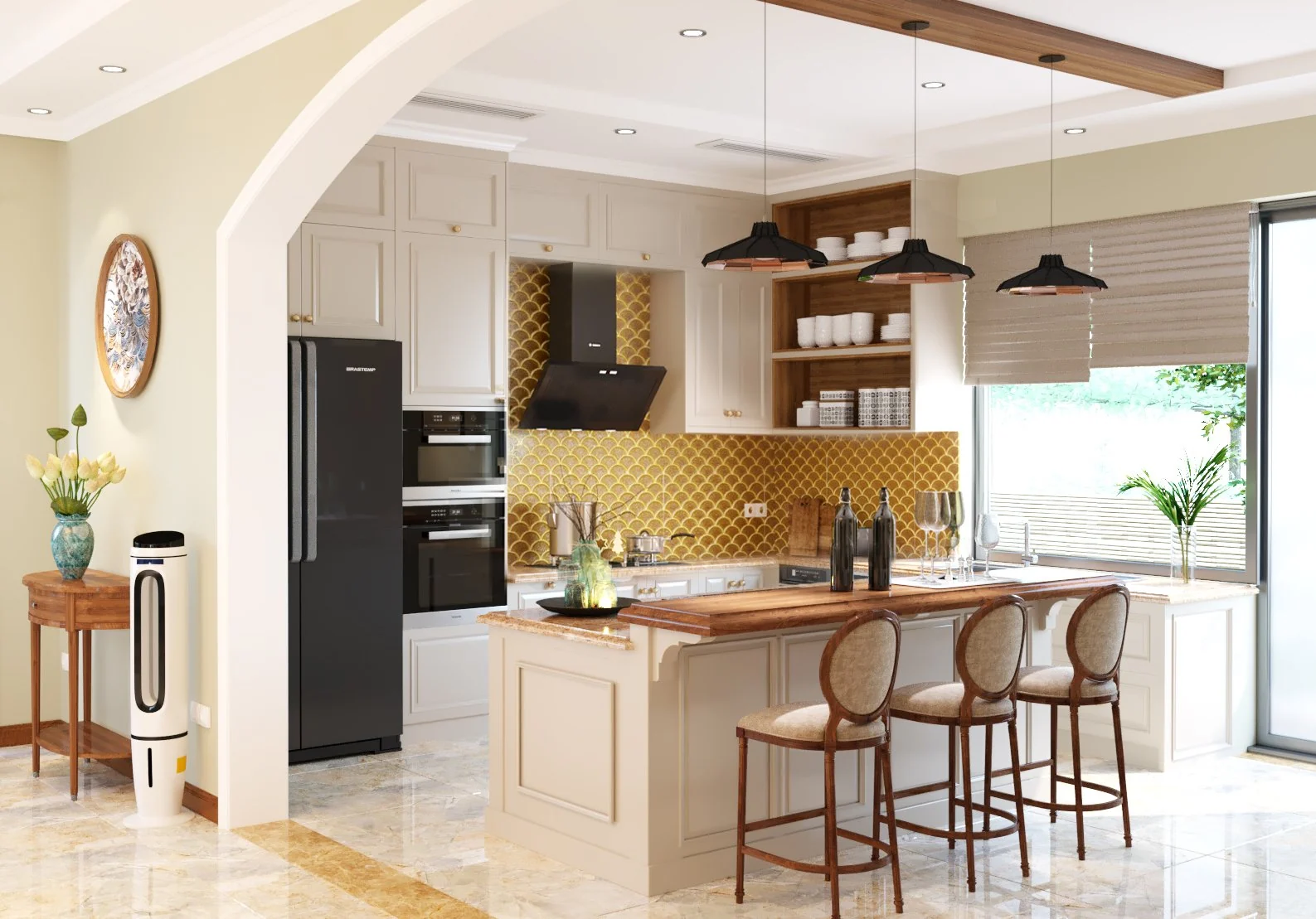 Phối cảnh thiết kế — Bếp và quầy ngồi, với hệ tủ sáng màu và mảng ốp màu vàng.