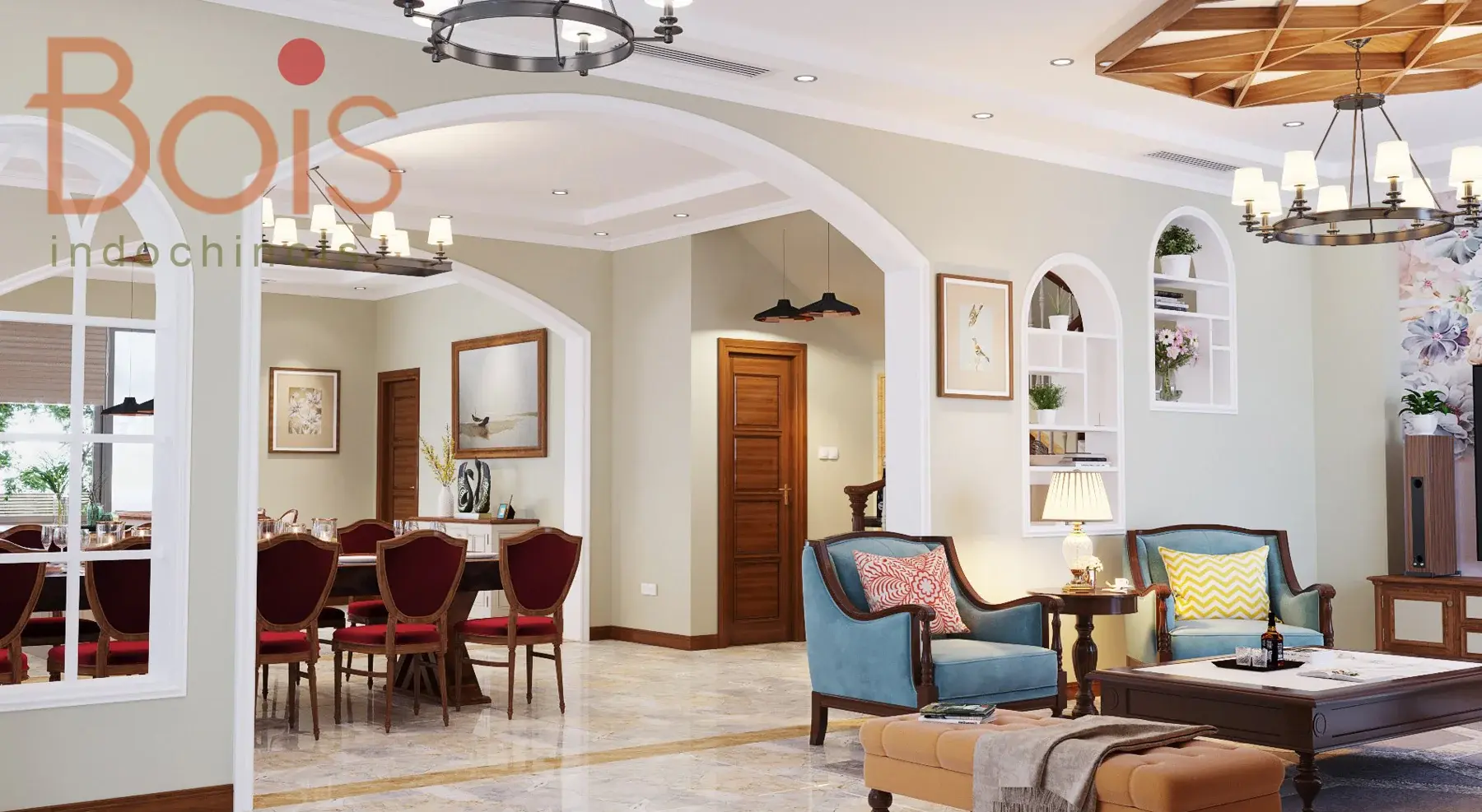 Phối cảnh thiết kế — Các ô vòm nối phòng khách với bàn ăn; những mảng màu đỏ và xanh tạo nhịp cho nội thất.