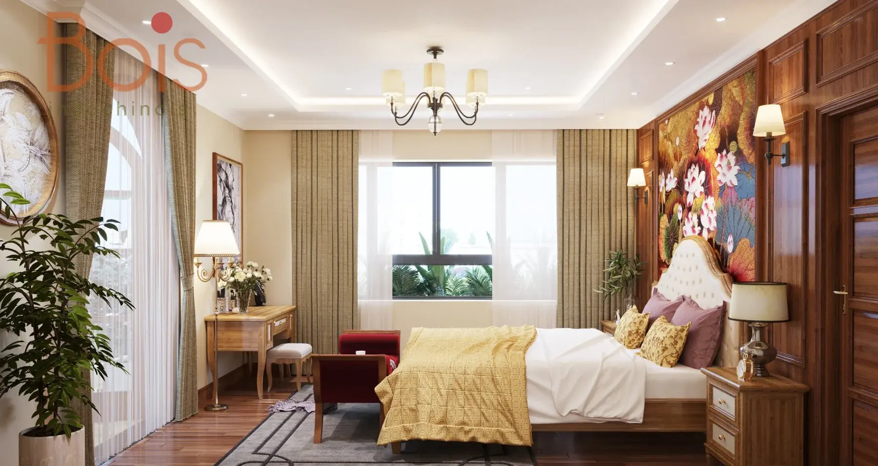 Phối cảnh thiết kế — Phòng ngủ chính với mảng đầu giường màu trầm, tranh hoa và góc ngồi bên cửa sổ.