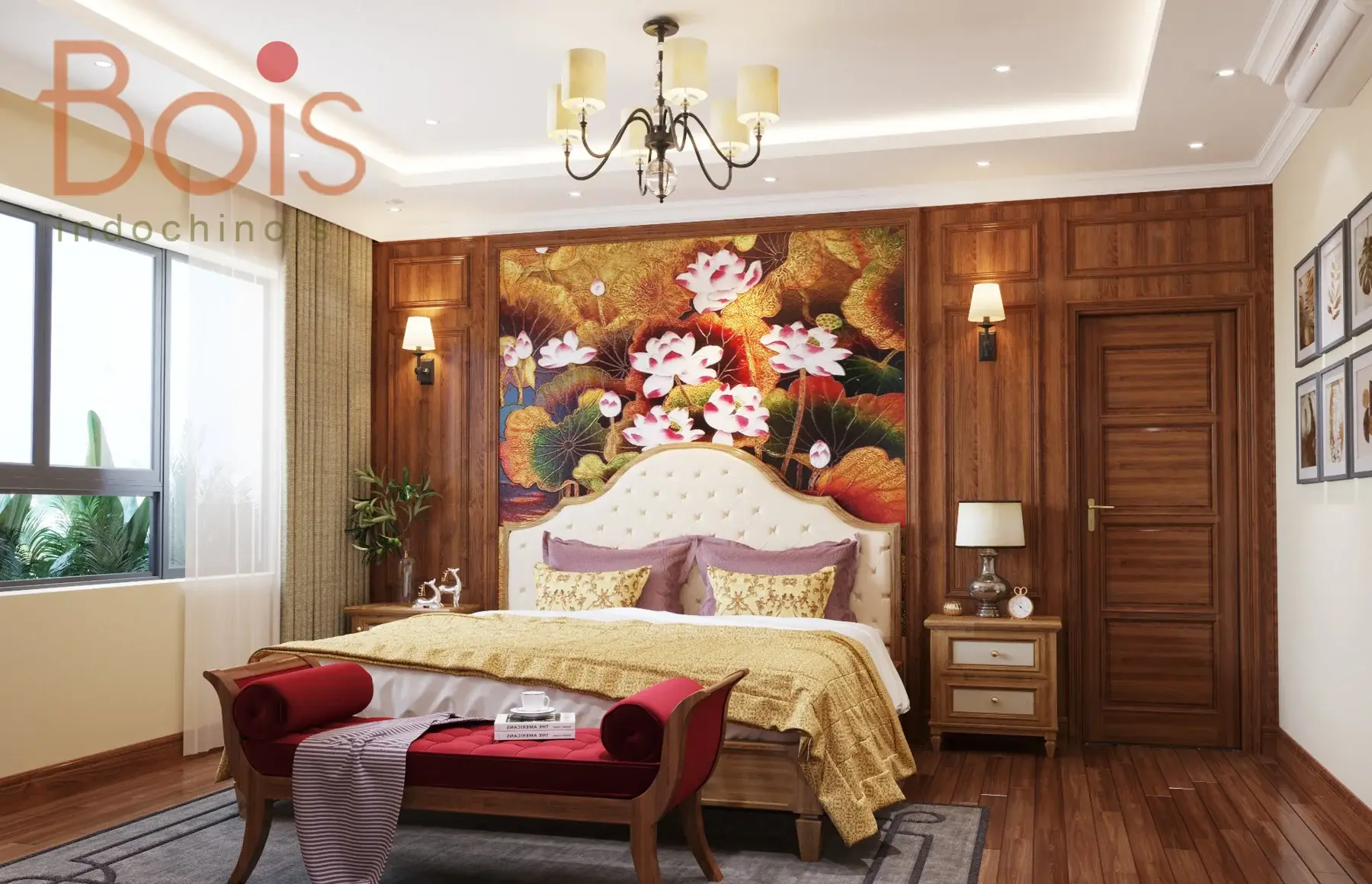Phối cảnh thiết kế — Góc nhìn về đầu giường và nhóm ghế nhỏ cuối giường.