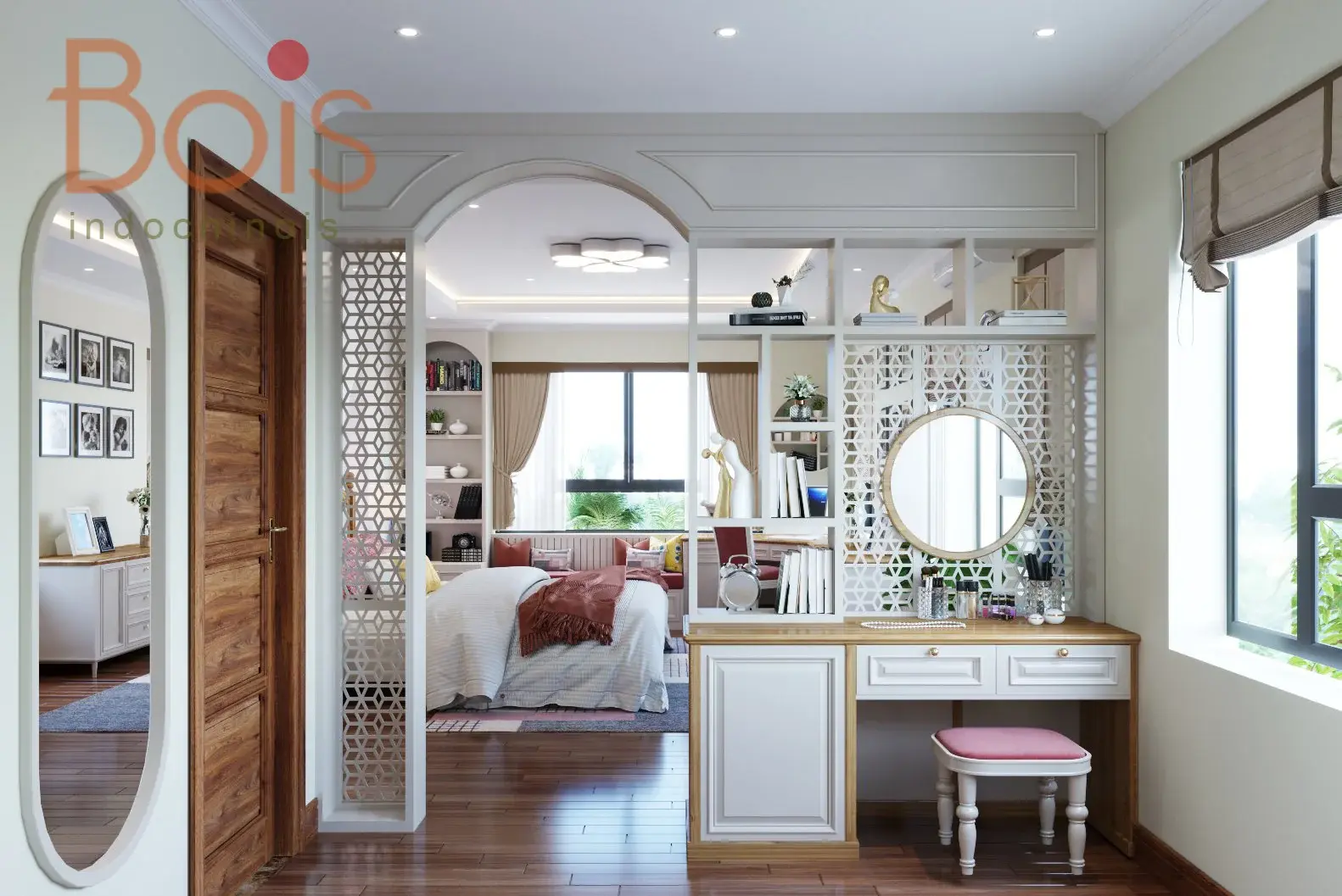 Phối cảnh thiết kế — Góc bàn trang điểm nhìn qua hệ cửa vòm.
