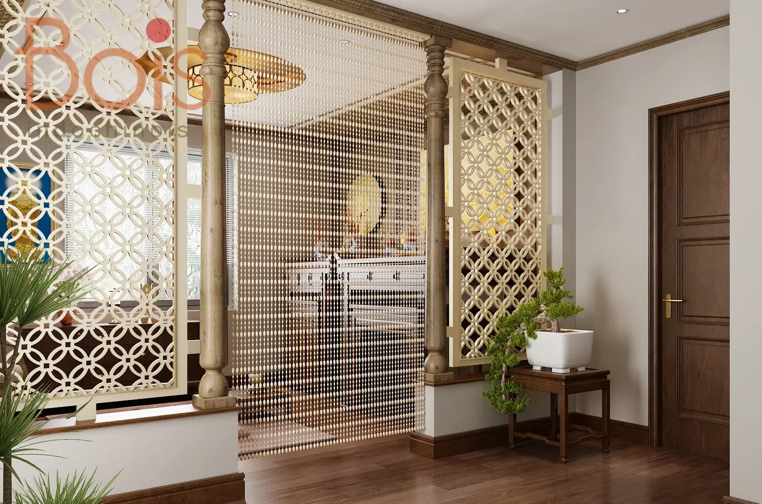 Phối cảnh thiết kế — Vách trang trí và rèm cuốn tạo lớp chuyển tiếp cho phòng thờ.