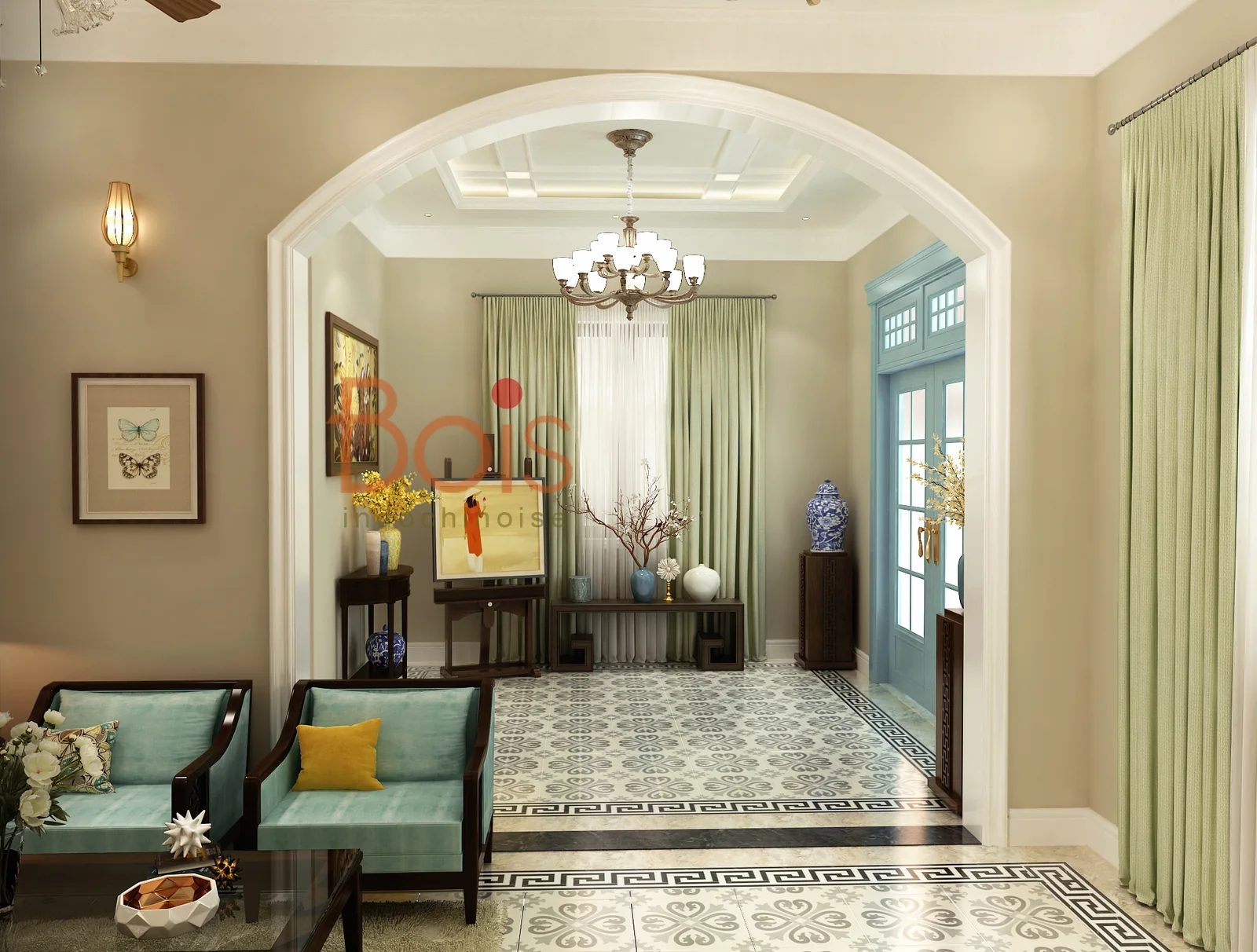 Phối cảnh thiết kế — Phối cảnh khu sinh hoạt chung Mon Rosalia, thể hiện quan hệ giữa đồ gỗ, các khoảng mở và nền sáng.