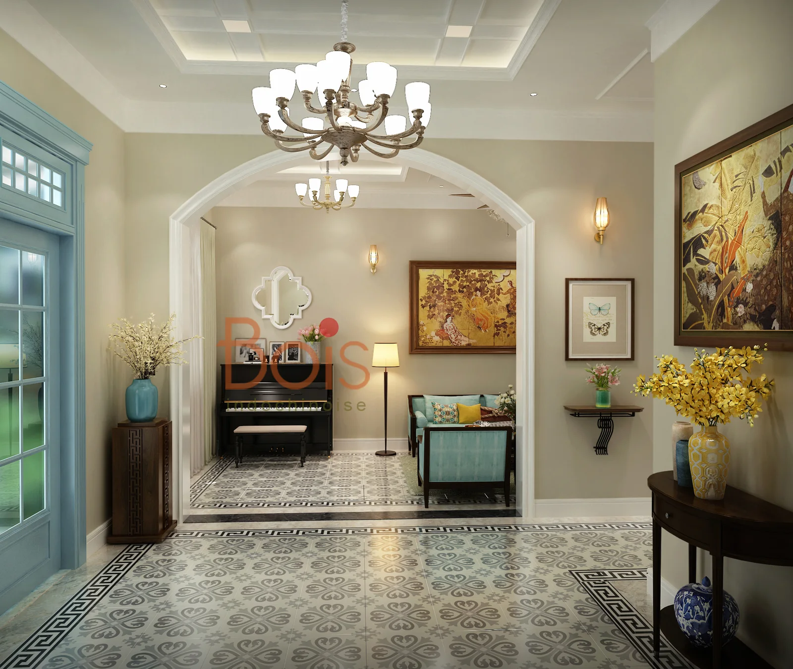 Phối cảnh thiết kế — Phối cảnh liên hệ giữa sảnh và phòng khách trong phương án thiết kế.
