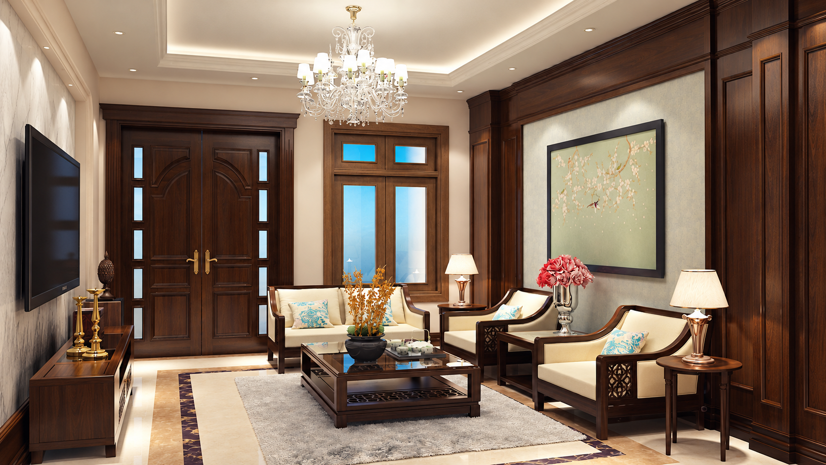 Không gian nội thất Đông Dương với đồ gỗ và tranh trang trí, minh họa phong cách Bois