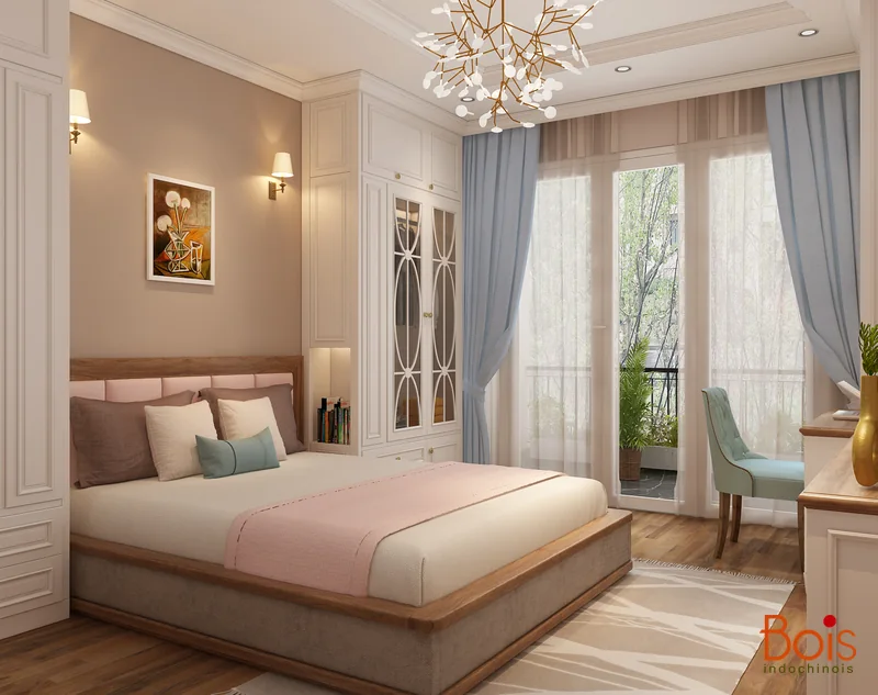 Phương án phòng ngủ 2, với giường bọc, tủ trang trí và nền màu nhẹ.
