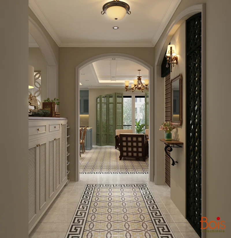 Phối cảnh khoảng chuyển tiếp: khung vòm, hệ tủ và mảng ngăn trang trí.