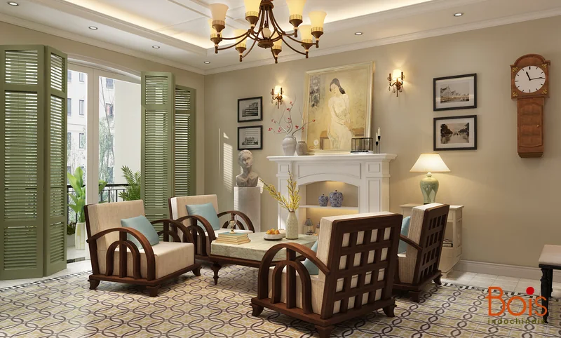 Phối cảnh phòng khách: nhóm ghế gỗ, cửa xanh và nền gạch họa tiết trong cùng một bố cục.